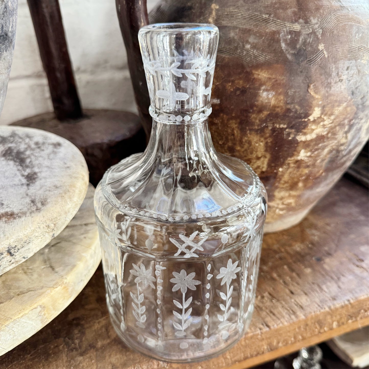 Vintage Etched Floral Glass Carafe