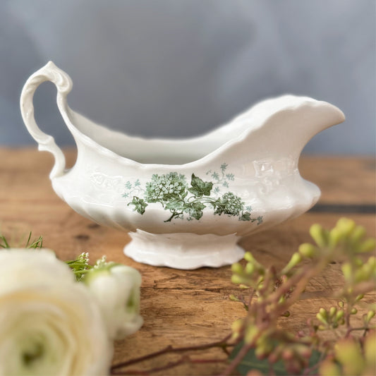 Vintage Excelsior Porcelain Gravy Boat with Green Ivy Details
