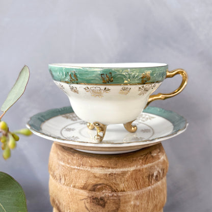 Vintage Green and Gold Trimmed Footed Cup and Saucer Set