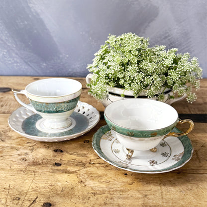 Vintage Green and Gold Trimmed Footed Cup and Saucer Set