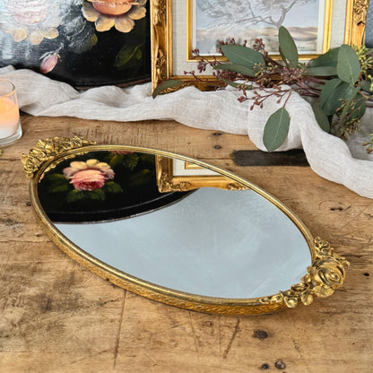 Vintage Matson Gold Ormolu Rose Vanity Mirror Tray