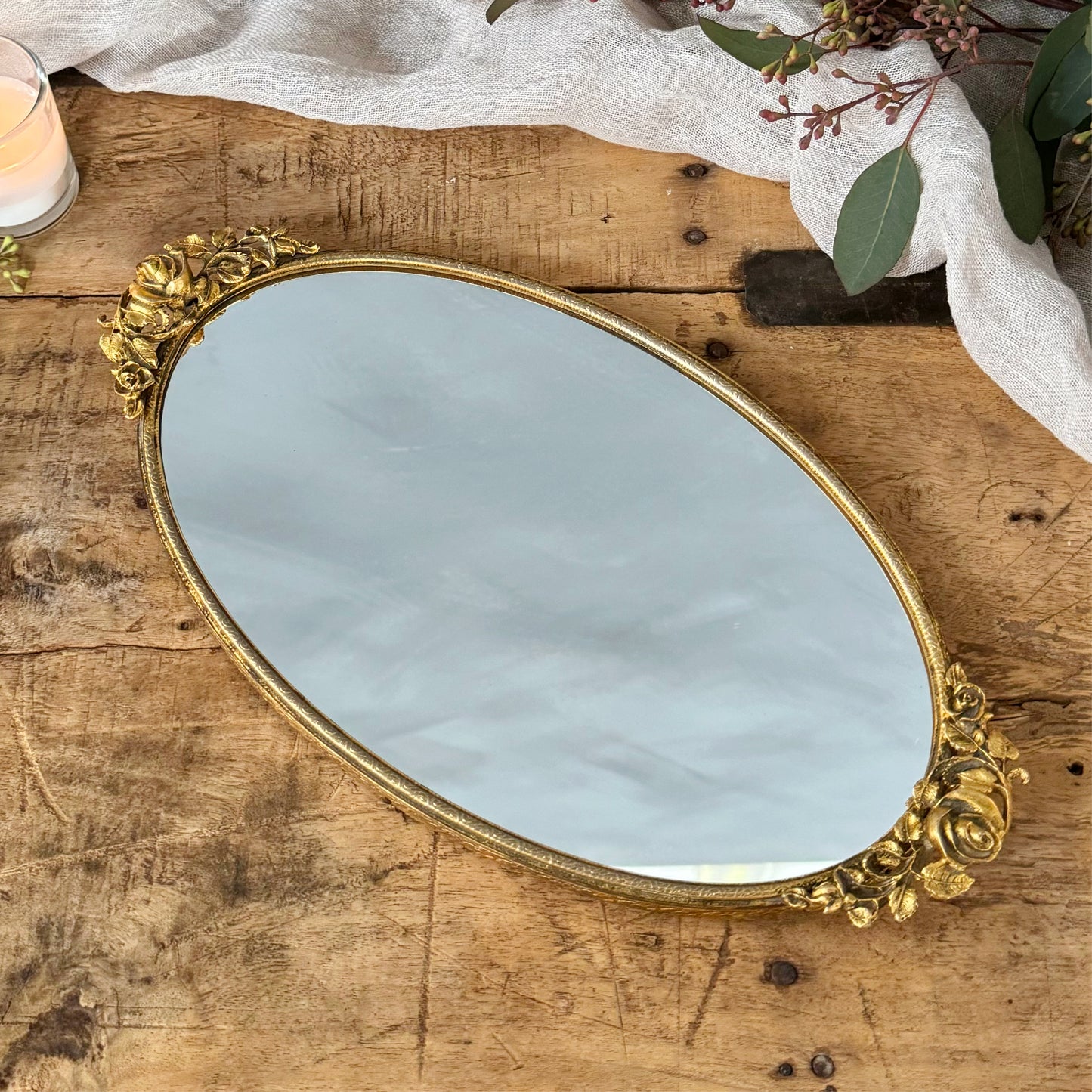 Vintage Matson Gold Ormolu Rose Vanity Mirror Tray