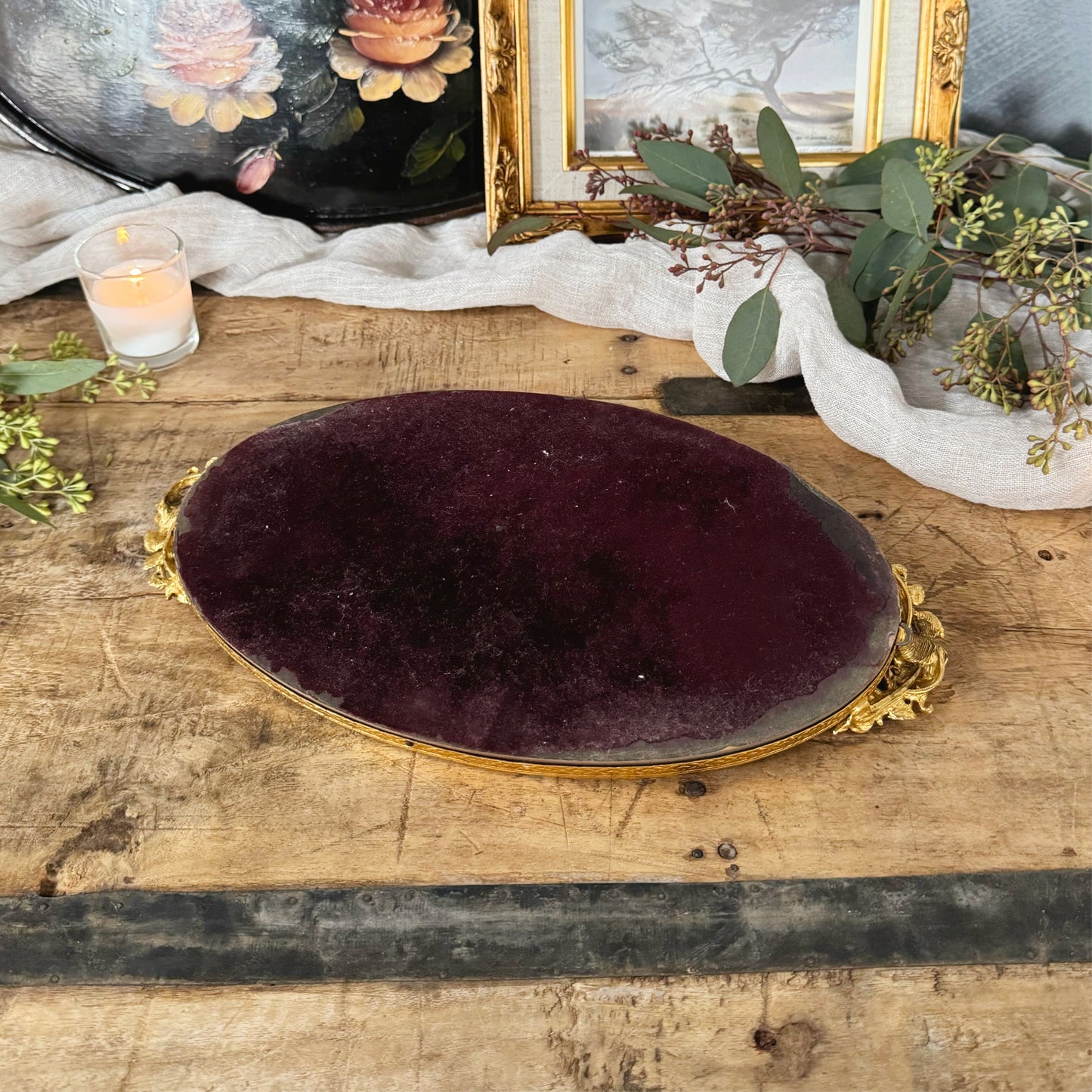 Vintage Matson Gold Ormolu Rose Vanity Mirror Tray