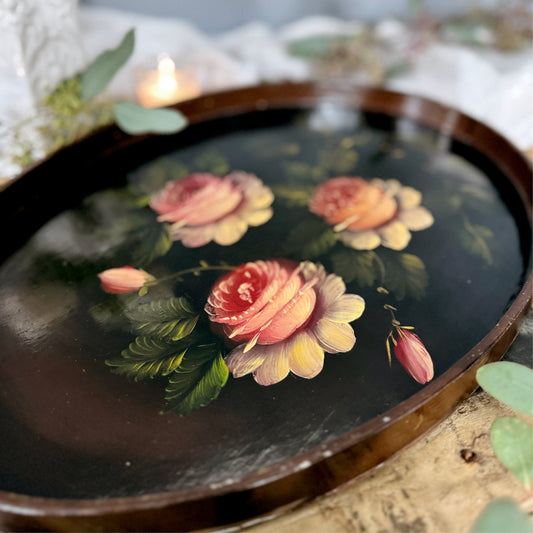 Vintage Oval Wooden Tray with Painted Pink Roses