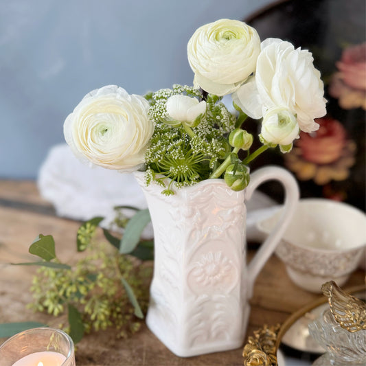 Vintage Peppertree White Porcelain Pitcher with Floral Relief Details